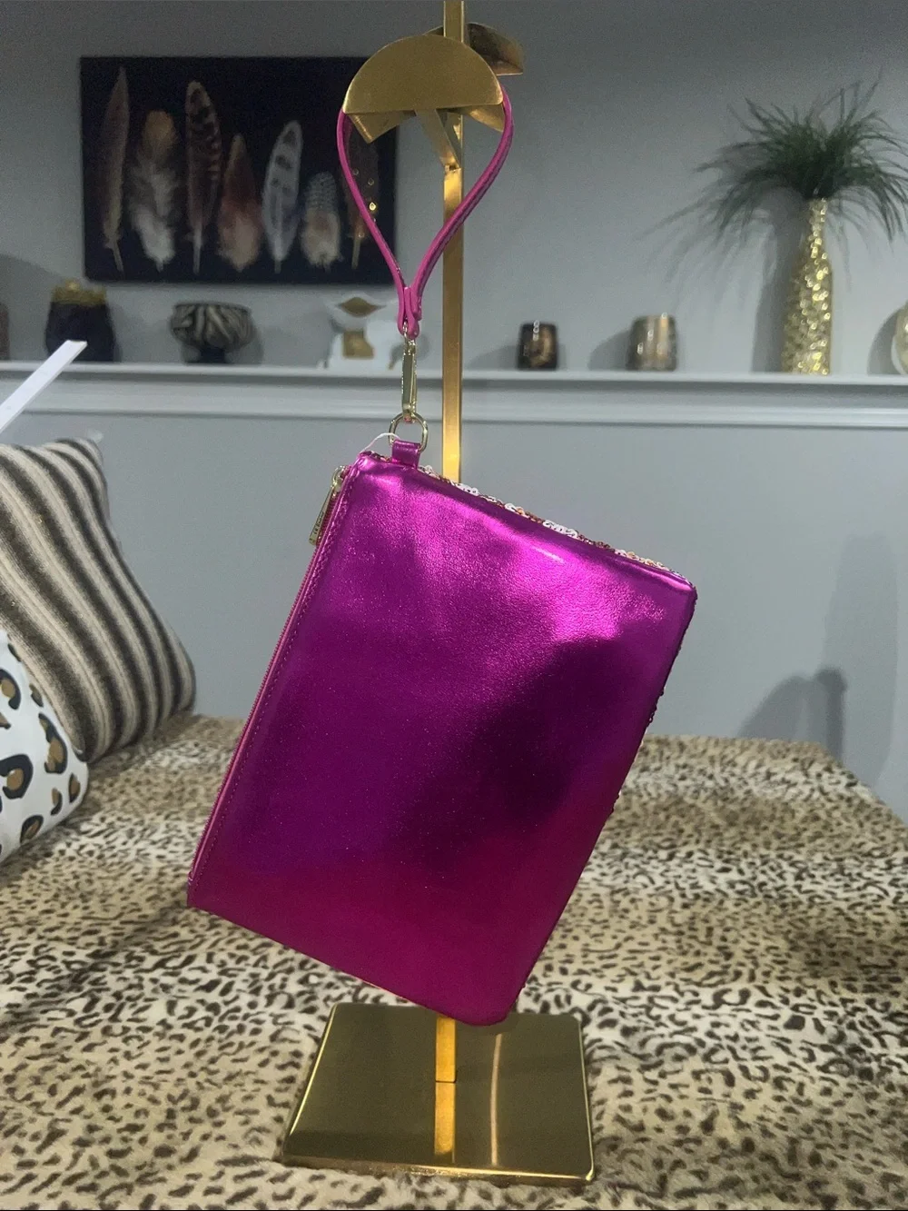 Sequin Wristlet Clutch in Pink, Gold & Silver - Picture 2 of 7
